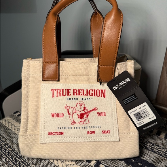 True Religion Handbags - True Religion Natural Canvas Tote with Brown Accents